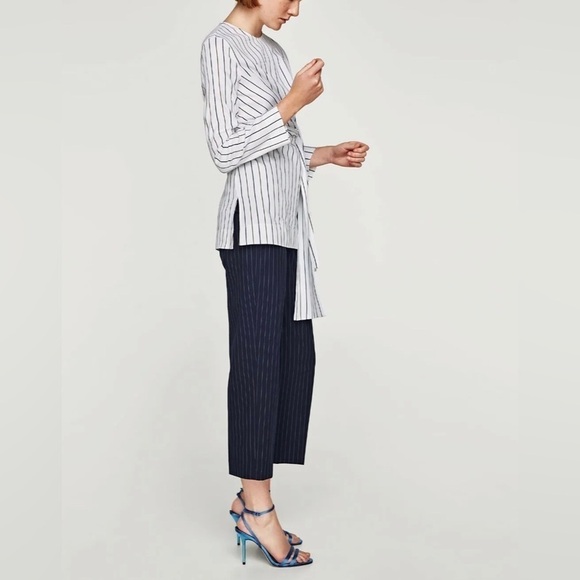 Zara Cotton Poplin Striped Bow Long Sleeve Tunic Top - Picture 15 of 15